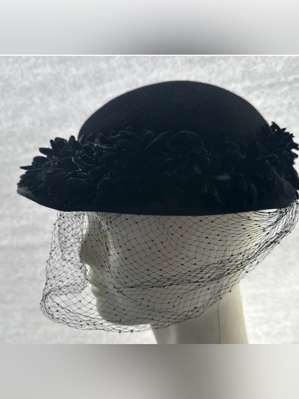 Vintage Black Felt Wool Cocktail Hat Veil Netting Velvet Floral Trim MCM 22.5”